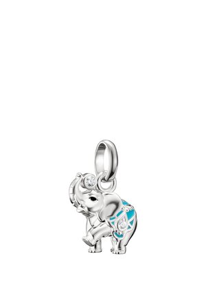 Silberner Elefantenanhänger mit blauem Emaille und klaren Edelsteinen, mit erhobenem Rüssel, entworfen als Anhänger für Halskette oder Armband.