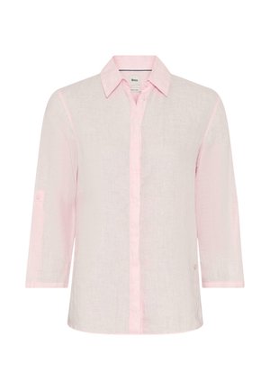 Camicia in lino rosa chiaro a maniche lunghe con chiusura frontale con bottoni e colletto, caratterizzata da una texture sottile e da un piccolo logo del marchio sul lato inferiore.