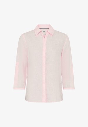 Camicia in lino rosa chiaro a maniche lunghe con chiusura frontale con bottoni e colletto, caratterizzata da una texture sottile e da un piccolo logo del marchio sul lato inferiore.