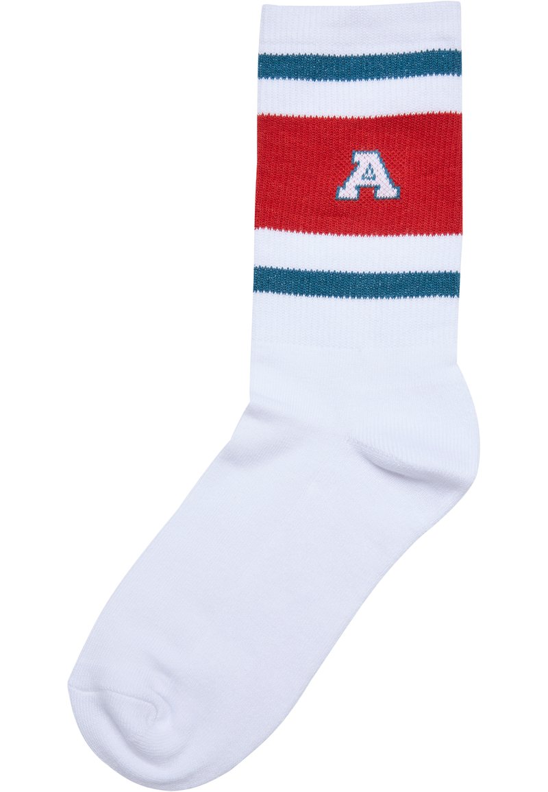 Calzini in misto cotone bianchi, con strisce rosse e turchesi, e un grande logo "A" blu nella parte superiore. Texture liscia.