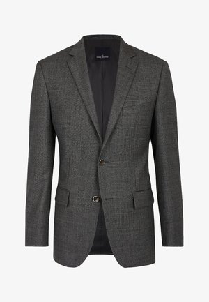 Blazer da uomo grigio scuro con trama, due bottoni, rever a lancia, tasche frontali con patta e fodera interna nera.