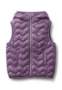 Lila ärmellose gesteppte Weste mit Kapuze, Frontreißverschluss, zwei Taschen und kleinem gesticktem Logo auf der Brust.