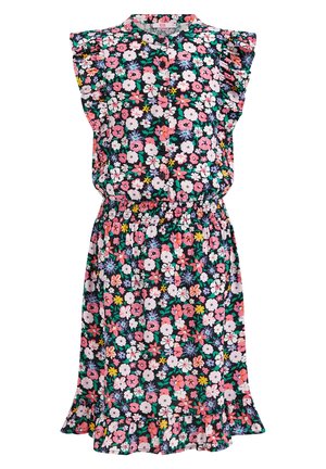 Ærmeløs sort kjole med blomsterprint i pink, hvid, gul og lilla, knapper foran, elastisk talje og flæsekanter nederst.