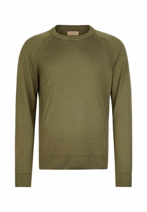 Olivgrüner Langarm-Pullover mit Rundhalsausschnitt, mit gerippten Bündchen und Saum, aus feinem Strickstoff.