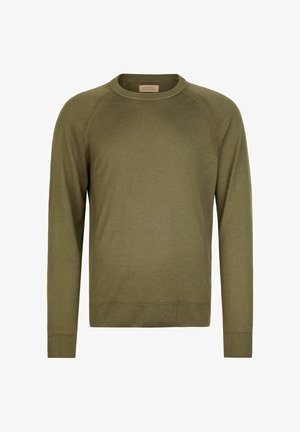 Olivgrüner Langarm-Pullover mit Rundhalsausschnitt, mit gerippten Bündchen und Saum, aus feinem Strickstoff.