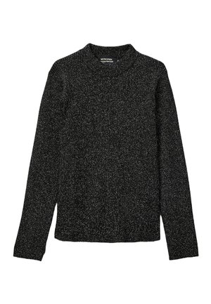 Pull noir à manches longues avec un motif de tricot texturé, présentant un col rond et des finitions côtelées. Le matériau a un léger éclat.