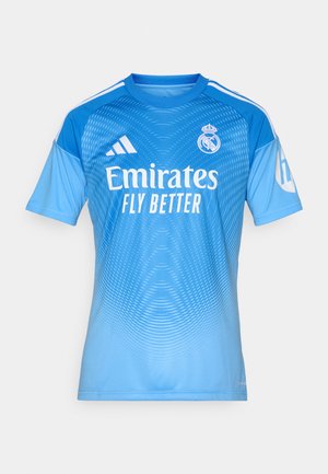 Blue athletic jersey with short sleeves, gradient design, and subtle textured pattern. Features white "Emirates Fly Better" logo and adidas stripes.
