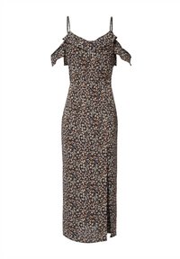 Florales Maxikleid mit schwarzem Hintergrund, kalten Schultern, gerafftem Ausschnitt und seitlichem Schlitz. Mit bunten kleinen Blumenmustern durchzogen.