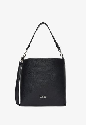 Schwarze Ledertasche mit zwei abnehmbaren Trägern, silbernen Beschlägen und kleinem silbernen LASOCKI-Logo in der Mitte nahe dem unteren Rand.