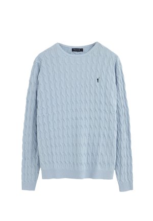 Maglione a maniche lunghe azzurro chiaro con lavorazione a trecce, collo rotondo e piccolo logo scuro ricamato sul petto a sinistra.