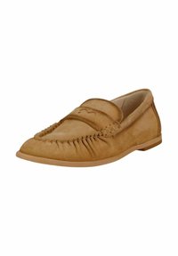 Beige Wildleder Slipper mit gerafftem Detail, einer glatten Kappenform und einer Gummisohle. Mit einem geprägten Logo auf dem Riemen.