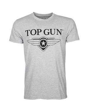 Grå kortærmet T-shirt med sort "TOP GUN" tekst og vinge-stjerne-emblem trykt i midten foran.