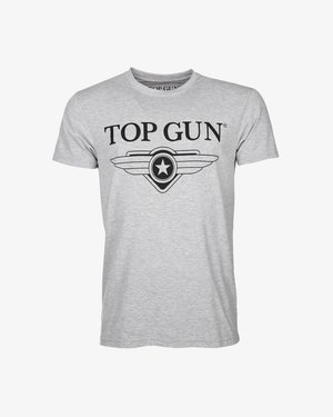 Graues T-Shirt mit kurzen Ärmeln, vorne mittig bedruckt mit schwarzem "TOP GUN"-Schriftzug und einem geflügelten Sternemblem.