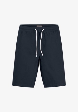 Tamsiai mėlynos maudymosi šortai, pagaminti iš lengvos medžiagos, su elastingu liemenu ir baltu raišteliu, tiesaus kirpimo dizainu.