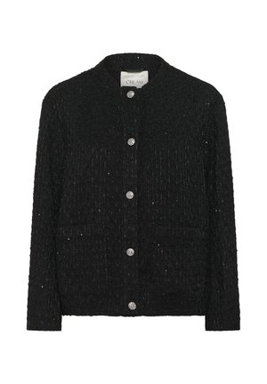 Black textured cardigan made of woven fabric. Features a round neck, front button closure with silver accents, and two front pockets.