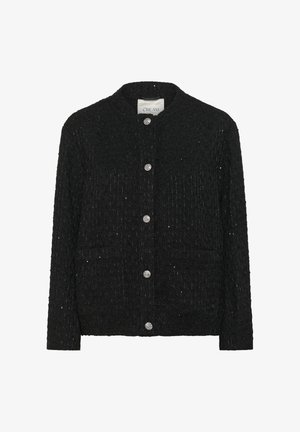 Črn teksturiran kardigan je izdelan iz tkanine. Ima okrogel ovratnik, sprednje zapiranje z gumbi v srebrni barvi in dva sprednja žepa.