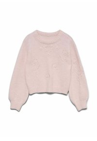 Jasnoróżowy krótki sweter wykonany z miękkiego dzianinowego materiału. Ozdobiony kwiatową haftem, posiada ściągacze na mankietach i dole. Okrągły dekolt i rękawy typu balloon.