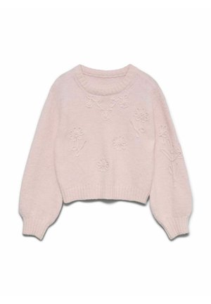 Jasnoróżowy krótki sweter wykonany z miękkiego dzianinowego materiału. Ozdobiony kwiatową haftem, posiada ściągacze na mankietach i dole. Okrągły dekolt i rękawy typu balloon.