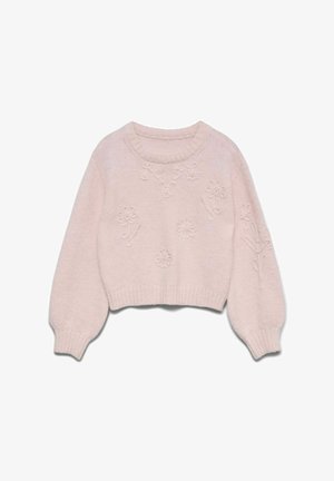 Lichtroze cropped trui gemaakt van zacht gebreid materiaal. Heeft bloemenborduursels en geribde boorden en zoom. Ronde halslijn en ballonmouwen.