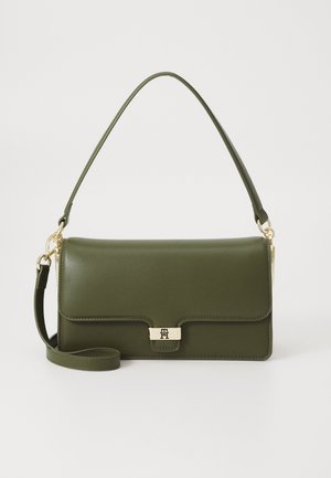 Olive green leather handbag with a gold clasp and accents. Features a top handle and detachable shoulder strap, rectangular shape.