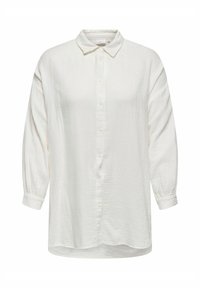 Chemise blanche boutonnée avec manches longues, fabriquée en tissu léger, présentant une surface texturée et un design de col classique.
