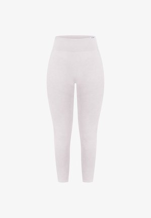 Leggings gris clair en tissu doux et extensible, avec une large taille élastique et un design sans coutures, adaptés pour le sport ou le confort à la maison.