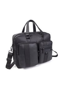 Sac messager en cuir noir avec une forme structurée, deux poches zippées à l'avant et une sangle ajustable. Présente des accents en tissu lisse et texturé.