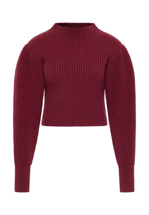 Maglione a coste bordeaux con colletto alto e maniche lunghe leggermente a sbuffo. Presenta un design accorciato con tessuto testurizzato.