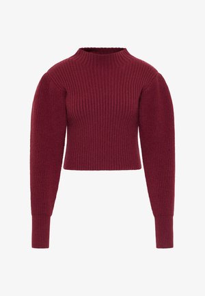 Bordeaux ribbelbrei trui met een hoge hals en lange, iets opgeblazen mouwen. Heeft een cropped ontwerp met gestructureerde stof.