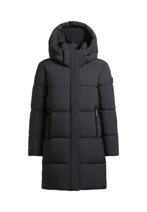 Zwarte pufferjas met een hoge kraag en capuchon, voorzien van een gewatteerd ontwerp, met ritszakken en een rechte snit. Soepele stofstructuur.