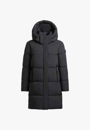 Schwarze Daunenjacke mit hohem Kragen und Kapuze, mit gestepptem Design, Reißverschlusstaschen und geradem Schnitt. Glatte Stoffstruktur.
