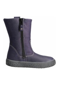 Lila Lederstiefel mit einer strukturierten Gummisohle, seitlichem Reißverschluss und kontrastierenden Nahtdetails. Wadenhohe Stiefel mit glatter Oberfläche.