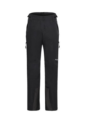 Black waterproof pants with a straight leg design, zip pockets, reinforced lower sections, and a smooth texture. Features integrated waistband.