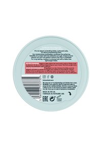 Ronde, lichtblauwe container met een matte afwerking. Bevat productinstructies en ingrediënten in het Engels en meerdere talen.