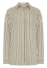 Camisa a rayas en crema con rayas verticales negras, con cuello con solapa, cierre de botones y dos bolsillos en el pecho. Textura de tela suave.