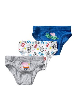 Drie paar kinderondergoed: grijs met een figuur, wit met verschillende kleurrijke patronen, en blauw met een figuur en groene accenten.