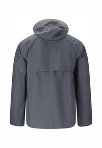 Tummanharmaa vedenpitävä huppari, nähtynä takaa, jossa on pitkät hihat ja vaakasuora ilmanvaihtoläppä hartioiden kohdalla.