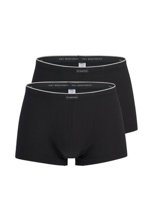 To sorte boksershorts til mænd med grå elastikker i taljen og "Mey Bodywear" mærkning på elastikken og de forreste midtermærker.