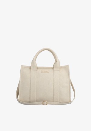 Beige tekstureret stoftaske med to håndtag, en aftagelig skulderrem og en lille rektangulær logopatch foran.