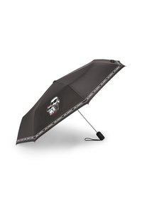 Black umbrella with a metal frame, featuring a graphic design of a cartoon figure and dog. Accented with branded fabric along the edge.