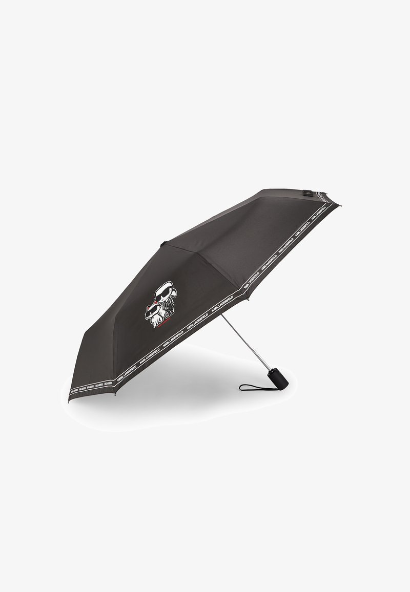 Zwarte paraplu met een metalen frame, voorzien van een grafisch ontwerp van een cartoonfiguur en een hond. Aangevuld met merkstof langs de rand.