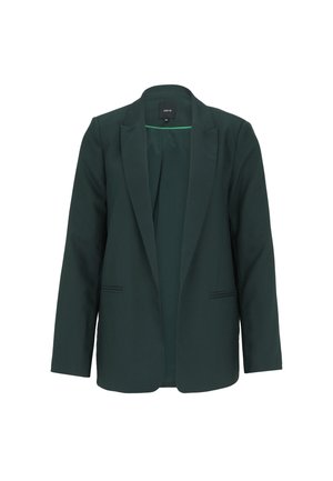Blazer vert foncé au fit ajusté, avec revers crantés, deux poches avant et une texture lisse. Conçu avec une silhouette propre et minimaliste.