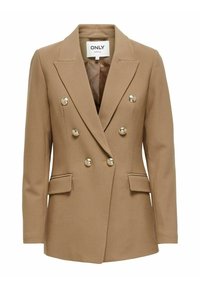 Beżowa dwurzędowa marynarka z sześcioma złotymi guzikami, klapami z nacięciami, dwoma przednimi kieszeniami z patkami oraz wewnętrzną, jedwabistą podszewką, marki ONLY.