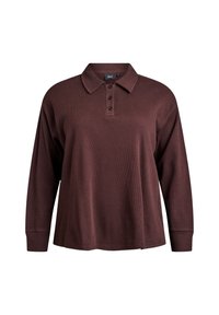 Hnedý polo sveter s dlhým rukávom a rebrovanou textúrou, s gombíkovou légou a klasickým golierom. Mäkký materiál, uvoľnený strih.