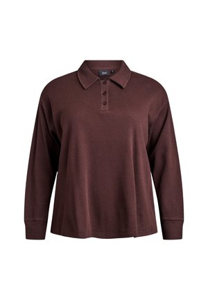 Braunes Langarm-Polo-Sweatshirt mit gerippter Textur, Knopfleiste und klassischem Kragen. Weiches Material, lockere Passform.