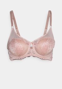 Underwired blondebrystholder i myk rosa, med blomster mønster, delikate bølger på kantene, og justerbare stropper med roségull detaljer.