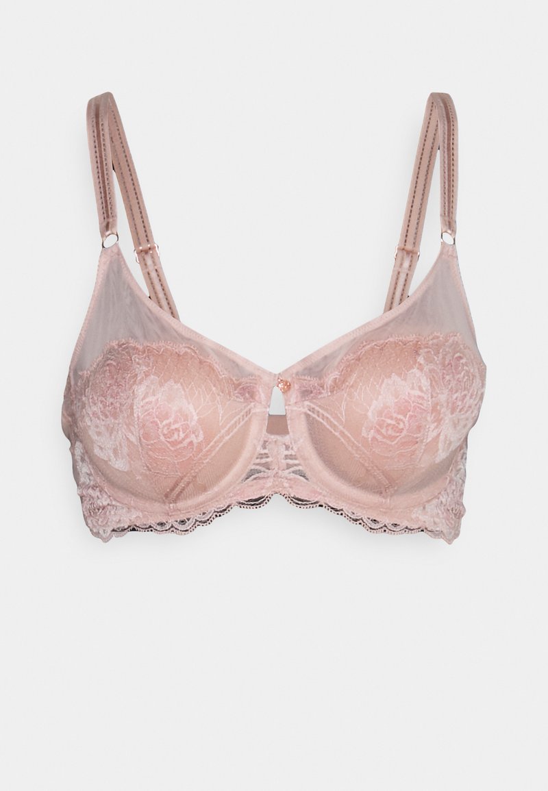 Underwired blondebrystholder i myk rosa, med blomster mønster, delikate bølger på kantene, og justerbare stropper med roségull detaljer.