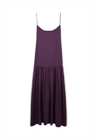 Purple sleeveless dress with a fitted bodice and flared hem. Soft, lightweight fabric with a smooth texture and gathered waist detail.