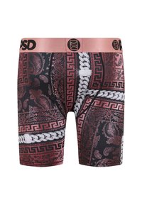 Boxer da uomo con stampa paisley nera, rossa e bianca, caratterizzati da una fascia elastica rosa e intricati motivi a linee in tutto il tessuto.