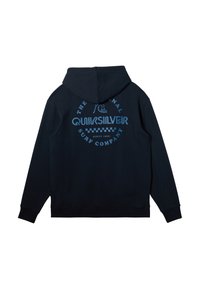 Námornícky modrá mikina s kapucňou s logom Quiksilver, grafika vlny a text "Pôvodná surfová spoločnosť od roku 1969" na zadnej strane.